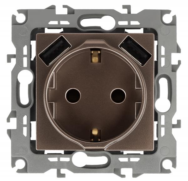 12-4109-13  ЭРА Розетка 2P+E 16A-250В, штор. с 2xUSB 5В-3А, Эра12, бронза