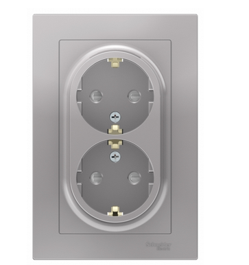 Schneider Electric AtlasDesign Алюминий  Розетка 2-местная с заземляющими контактами со шторками 16А, в сборе ATN000326