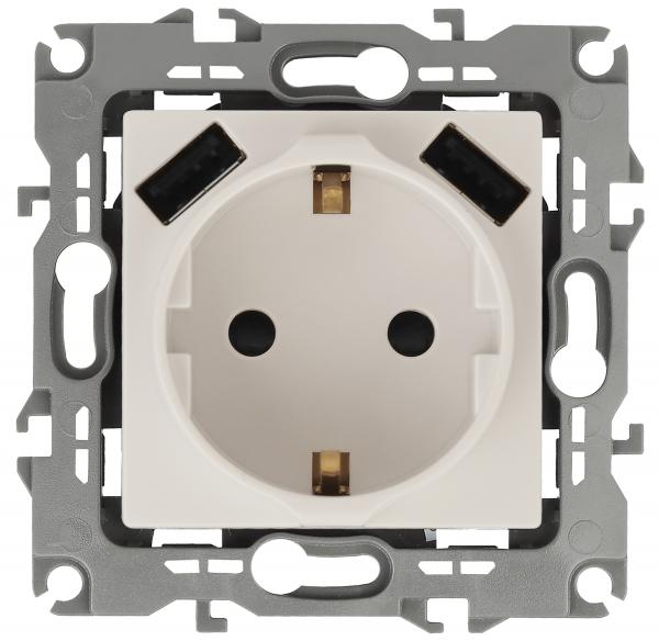 14-4109-02  ЭРА Розетка 2P+E 16A-250В, штор. с 2xUSB 5В-3А, Эра Elegance, слоновая кость