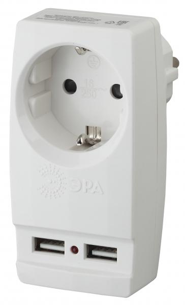 ЭРА Белый Адаптер "Polynom" 1 гнездо 220V + 2xUSB 2100мА, с заземляющими контактами  SP-1e-USB-W Б0026332