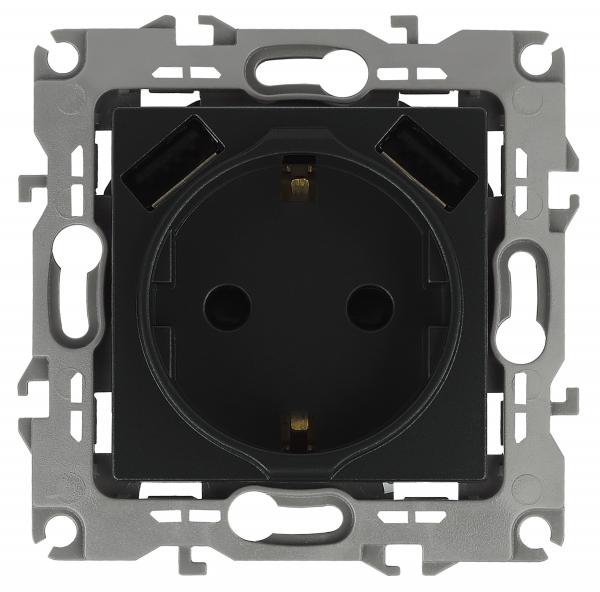12-4109-05  ЭРА Розетка 2P+E 16A-250В, штор. с 2xUSB 5В-3А, Эра12, антрацит