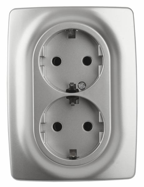 ЭРА  Эра12  Алюминий  Розетка 2X2P+E Schuko со шторками 16A-250В, IP20 12-2108-03