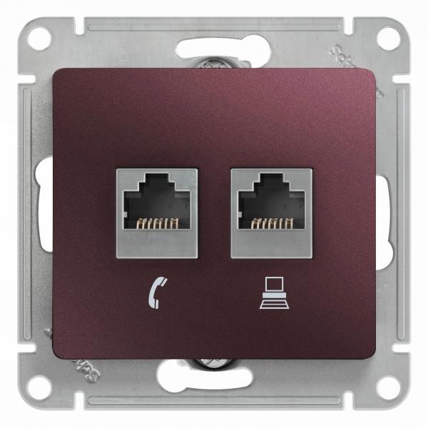 Schneider Electric Glossa Баклажановый Розетка 2-местная RJ11+RJ45, категория 5E,механизм IP20 скрытая установка GSL001185