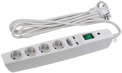 Сетевой фильтр  5 гнезд + 2 xUSB,  2 метра с заземляющими контактами, 3x1мм2, со шторками, с выключателем белый SFU-5es-2m-W  ЭРА