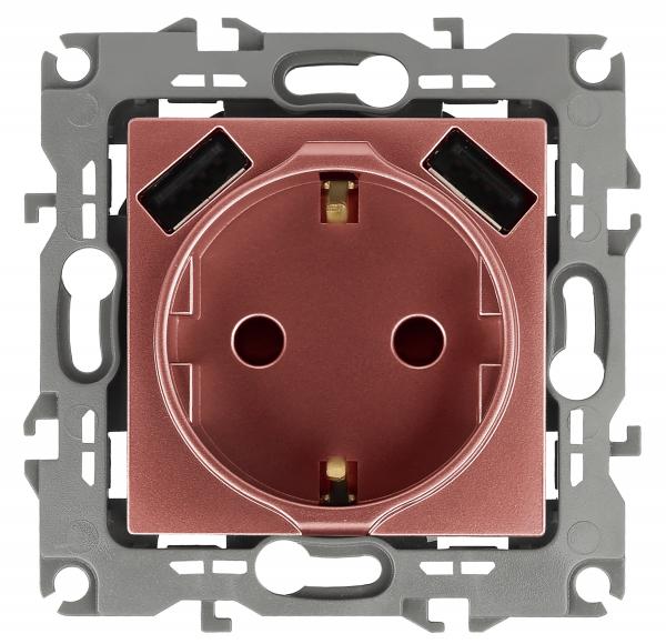 12-4109-14  ЭРА Розетка 2P+E 16A-250В, штор. с 2xUSB 5В-3А, Эра12, медь