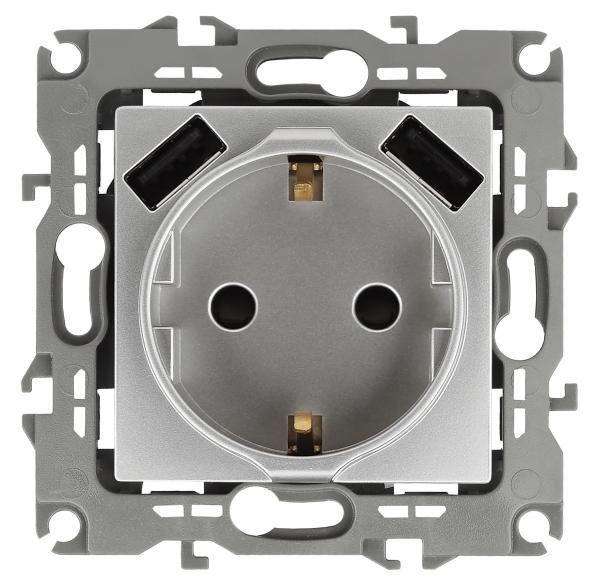 12-4109-03  ЭРА Розетка 2P+E 16A-250В, штор. с 2xUSB 5В-3А, Эра12, алюминий