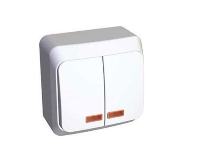 Schneider Electric  ЭТЮД  Белый  Выключатель 2-клавишный открытая установка с индикатором подсветка внутри BA10-006B
