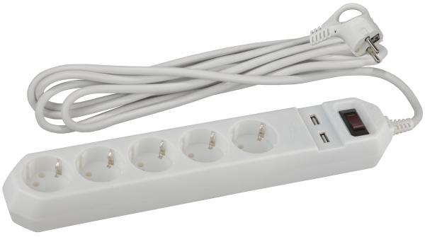 Сетевой фильтр  5 гнезд+2USB  1.5м. с заземляющими контактами 3x0,75м.м2, с выключателем белый USF-5es-1.5m-USB-W ЭРА