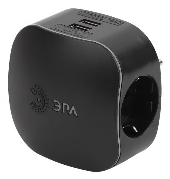ЭРА Черный Тройник SP-3e-USB-BLACK 3 гнезда 220V + 2xUSB 2100mA, c заземляющими контактами  со шторками