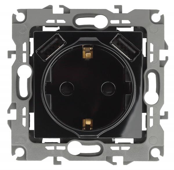 12-4109-06  ЭРА Розетка 2P+E 16A-250В, штор. с 2xUSB 5В-3А, Эра12, чёрный