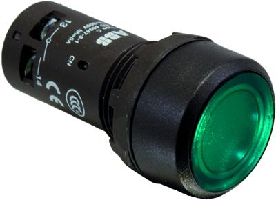 Кнопка с подсветкой ABB CP2-13G-10 зеленая 220В AC/DC с плоской клавишей с фиксацией 1НО /1SFA619101R1312/