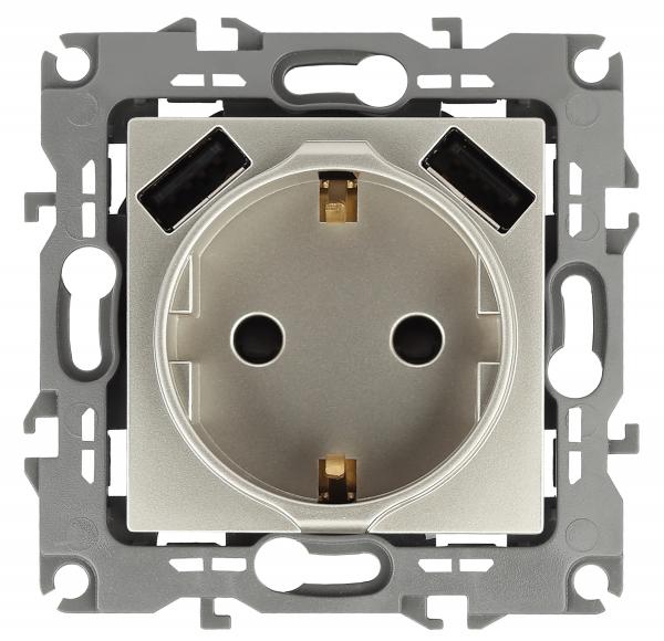 14-4109-04  ЭРА Розетка 2P+E 16A-250В, штор. с 2xUSB 5В-3А, Эра Elegance, шампань