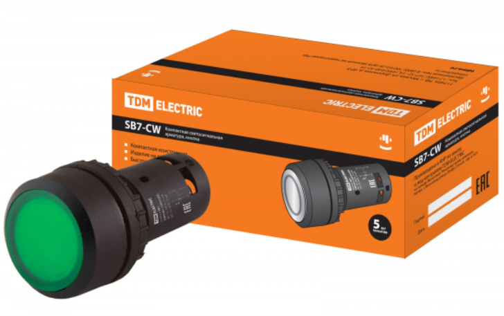 Кнопка SB7-CW3361-220V(LED) d22мм 1з, зеленая TDM SQ0746-0025