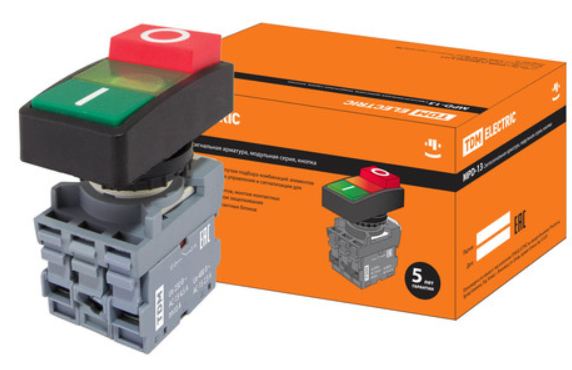 Кнопка двойная MPD13-11G (зеленая/красная-выступающая) (LED) d22мм/220В (I/O)  линза зеленая TDM