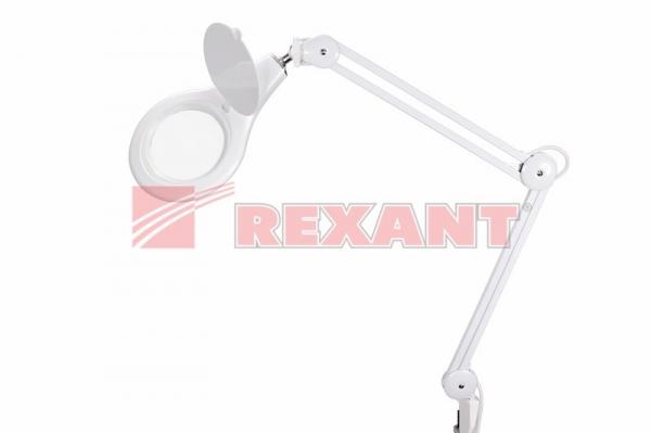 Лупа на струбцине круглая настольная 5Х с подсветкой 108 LED, белая  REXANT 31-0503
