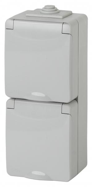 ЭРА  Эксперт  Серый  Розетка 2х2P+E вертикальная IP65, 16A-250В, открытая установка 11-2607-03