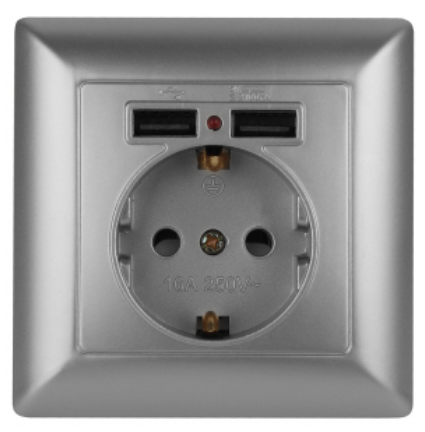 ЭРА Intro Solo  Алюминий  Розетка P+E Schuko со шторками 16А-250В + 2хUSB, скрытая установка  4-410-03