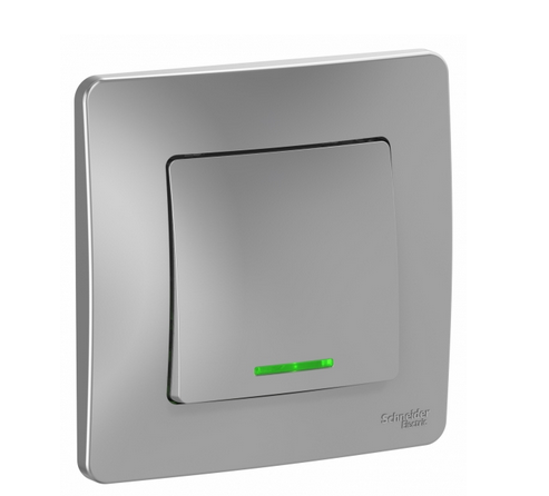 Schneider Electric  BLANCA  Алюминий  Переключатель 1-клавишный (cх.6) с подсветкой, 10А,250B, скрытая установка BLNVS010613