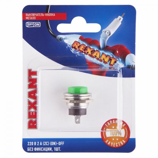 Выключатель-кнопка  металл 220V 2А (2с) (ON)-OFF  Ø16.2  зеленая  (RWD-306)  REXANT (в упак. 1шт.) 06-0319-A