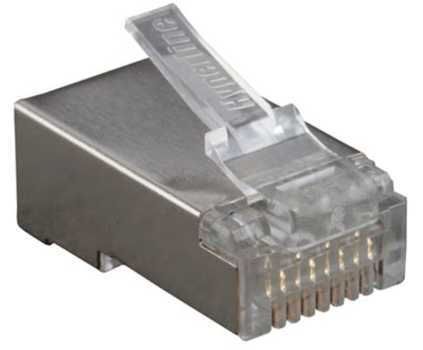 Разъем RJ-45(8P8C) под витую пару, категория 6 (50 µ"/ 50 микродюймов), экранированный, универсальный (для одножильного и многожильного кабеля) (100 шт) Hyperline PLUG-8P8C-U-C6-SH-100