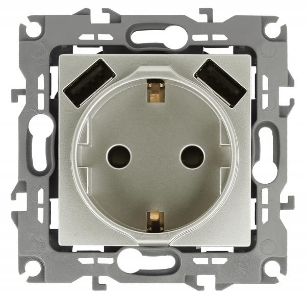 12-4109-15  ЭРА Розетка 2P+E 16A-250В, штор. с 2xUSB 5В-3А, Эра12, перламутр